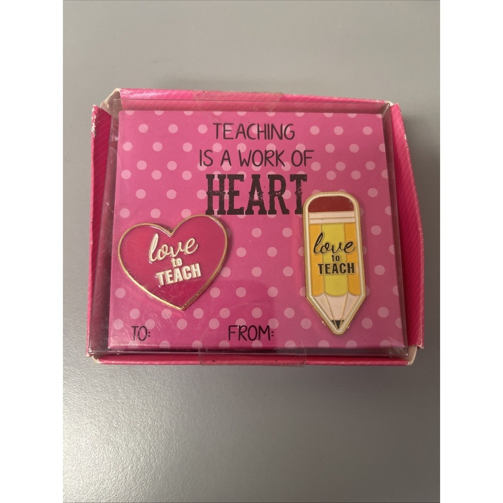 Teacher Pin Set 2 Pins Love To Teach Heart & Pencil Teaching Is A Work Of Heart